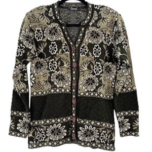 Oster Button Front Cardigan Sweater Women's Medium Brown Floral Beaded‎